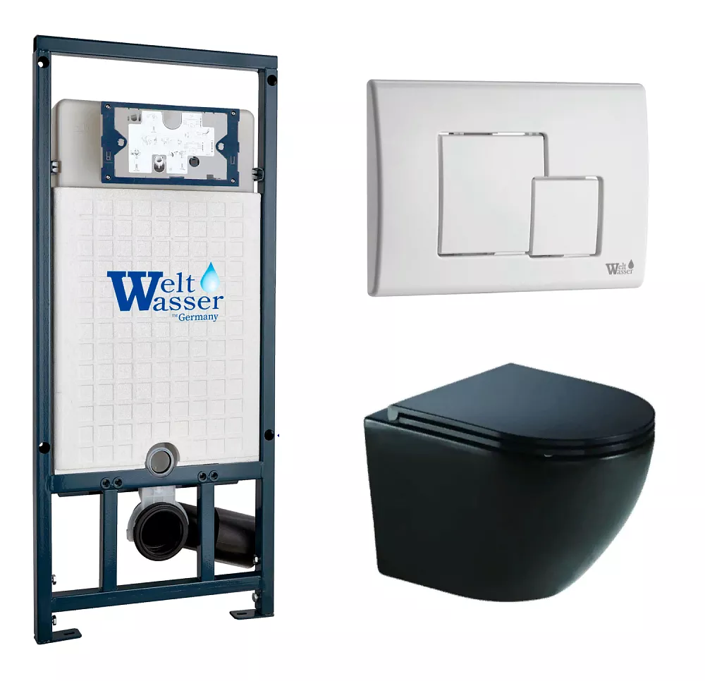 

Комплект унитаза WeltWasser Merzbach 043 с инсталляцией MARBERG 507 черный глянцевый, с сиденьем микролифт и клавишей смыва MAR 507 SE GL-WT белый