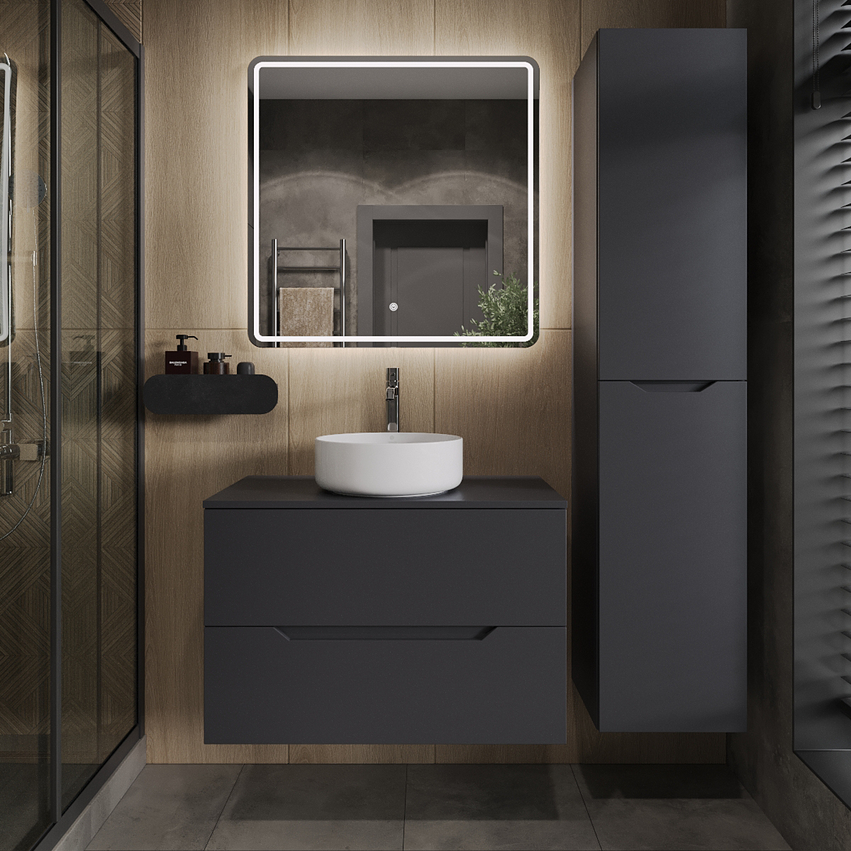 

Мебель для ванной комнаты Orange Line 80 подвесная, 2 ящика, матовый графит с раковиной B09-360W