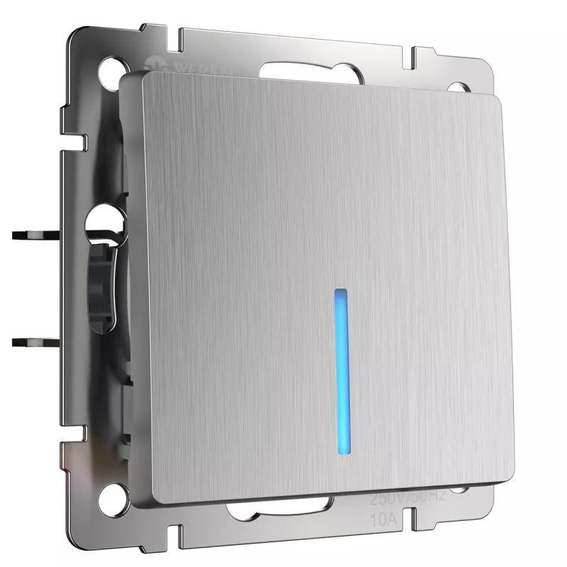 

Выключатель одноклавишный с подсветкой Werkel cеребряный рифленый W1110109 4690389158889