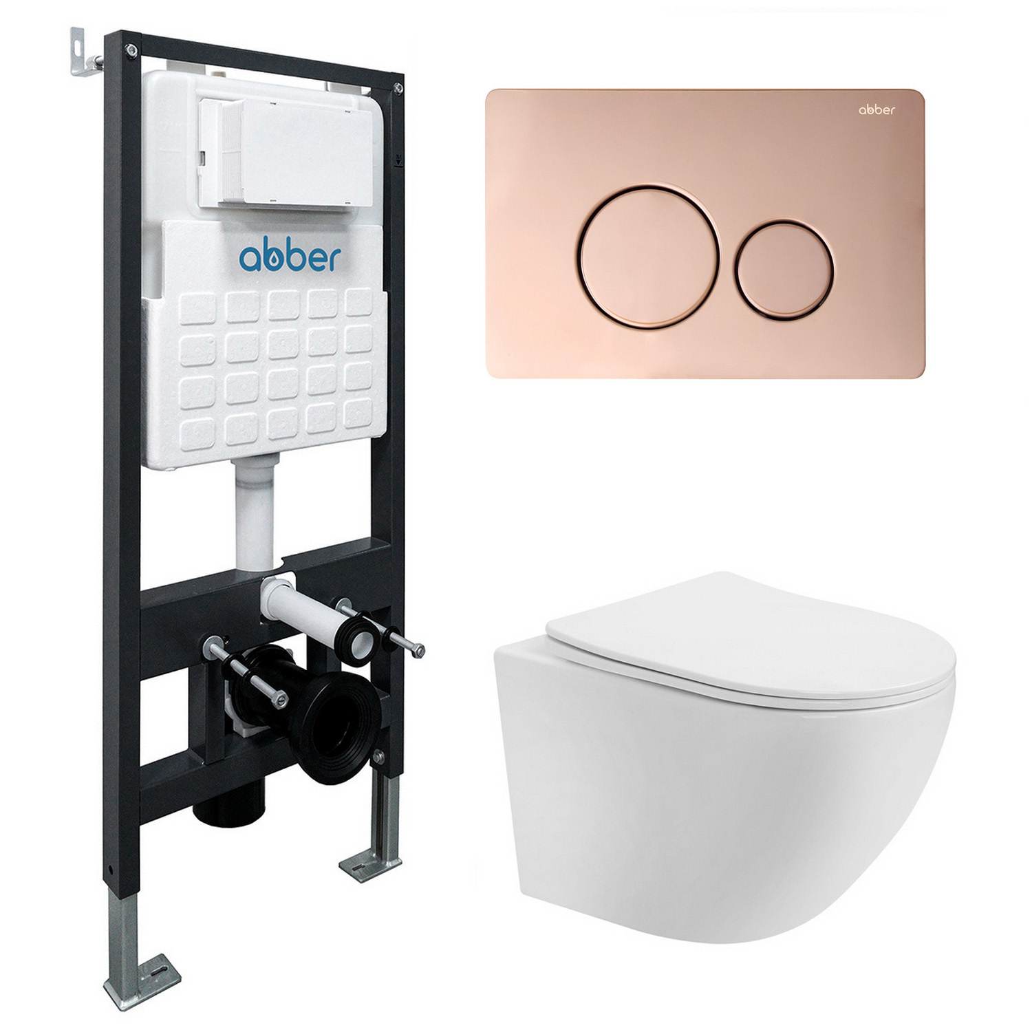 

Комплект 4 в 1 Abber Bequem AC1100T-AC0105-AC0121RG Унитаз подвесной безободковый, с микролифтом + Система инсталляции + Кнопка смыва розовое золото