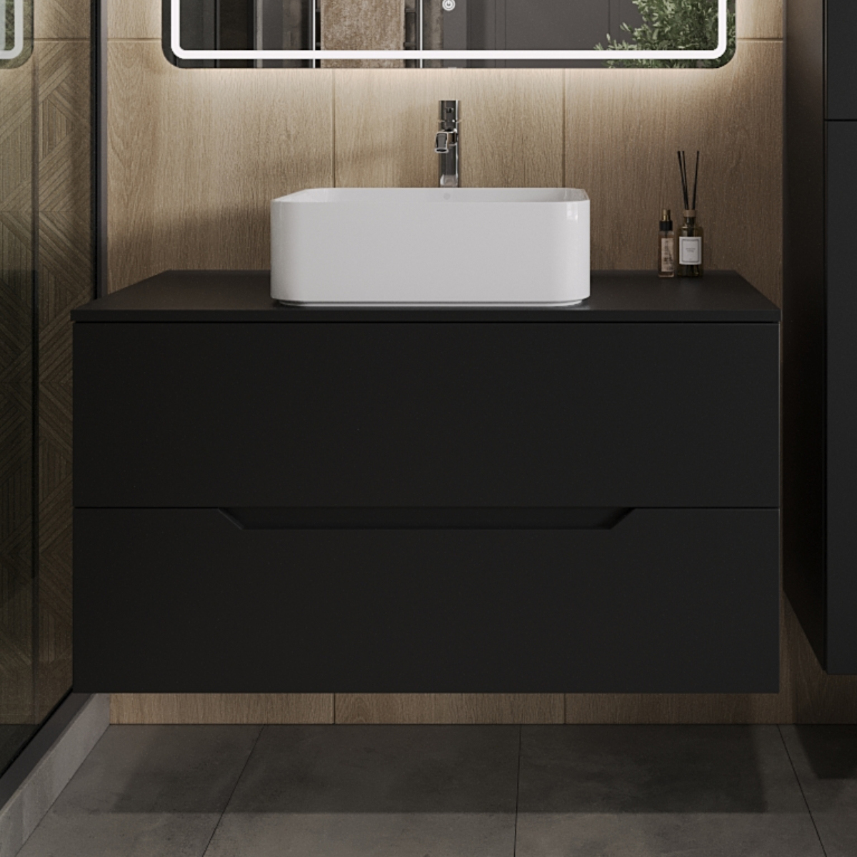 

Тумба с раковиной Orange Line 100 подвесная, 2 ящика, матовая черная с раковиной B02-460W