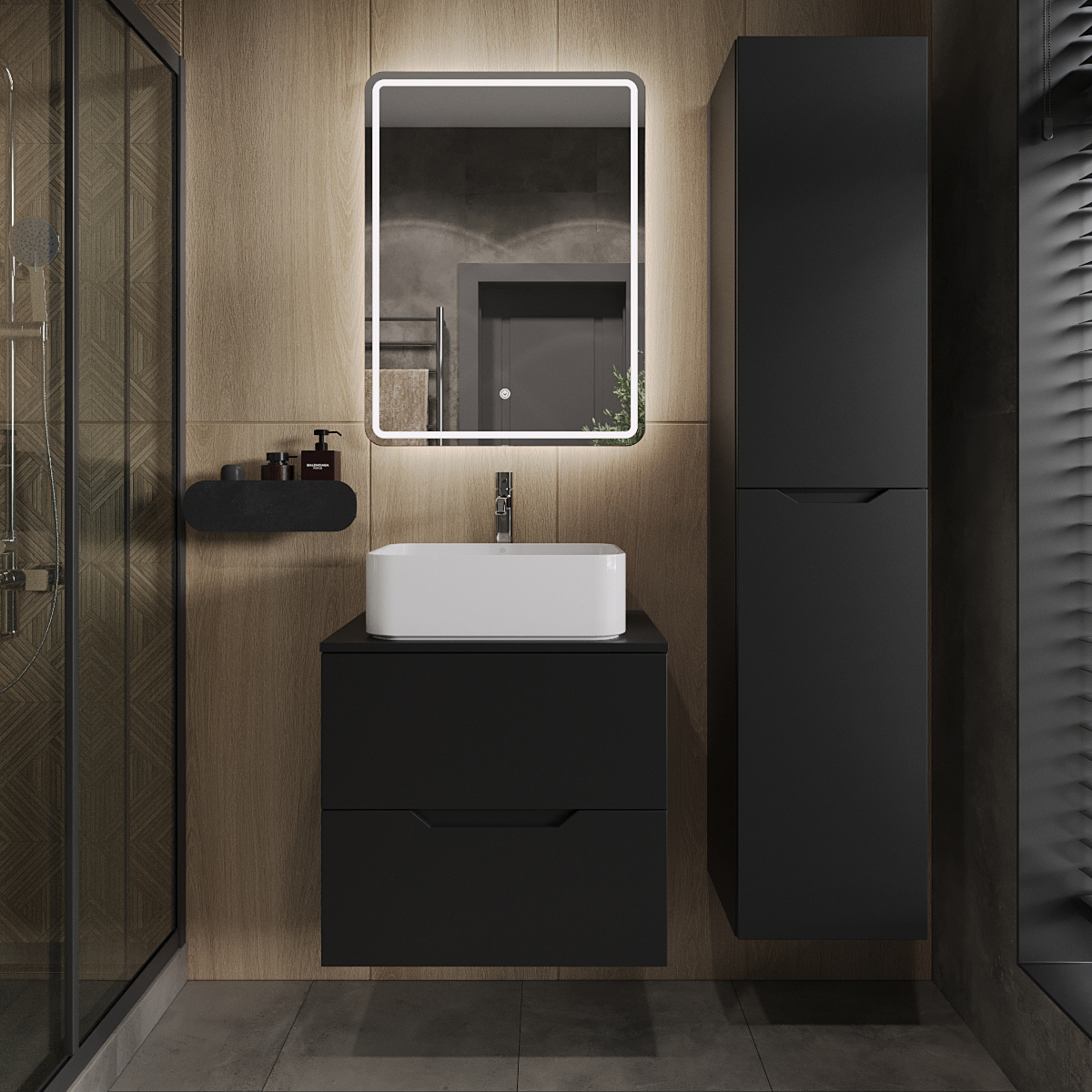 

Мебель для ванной комнаты Orange Line 60 подвесная, 2 ящика, матовая черная с раковиной B02-460W