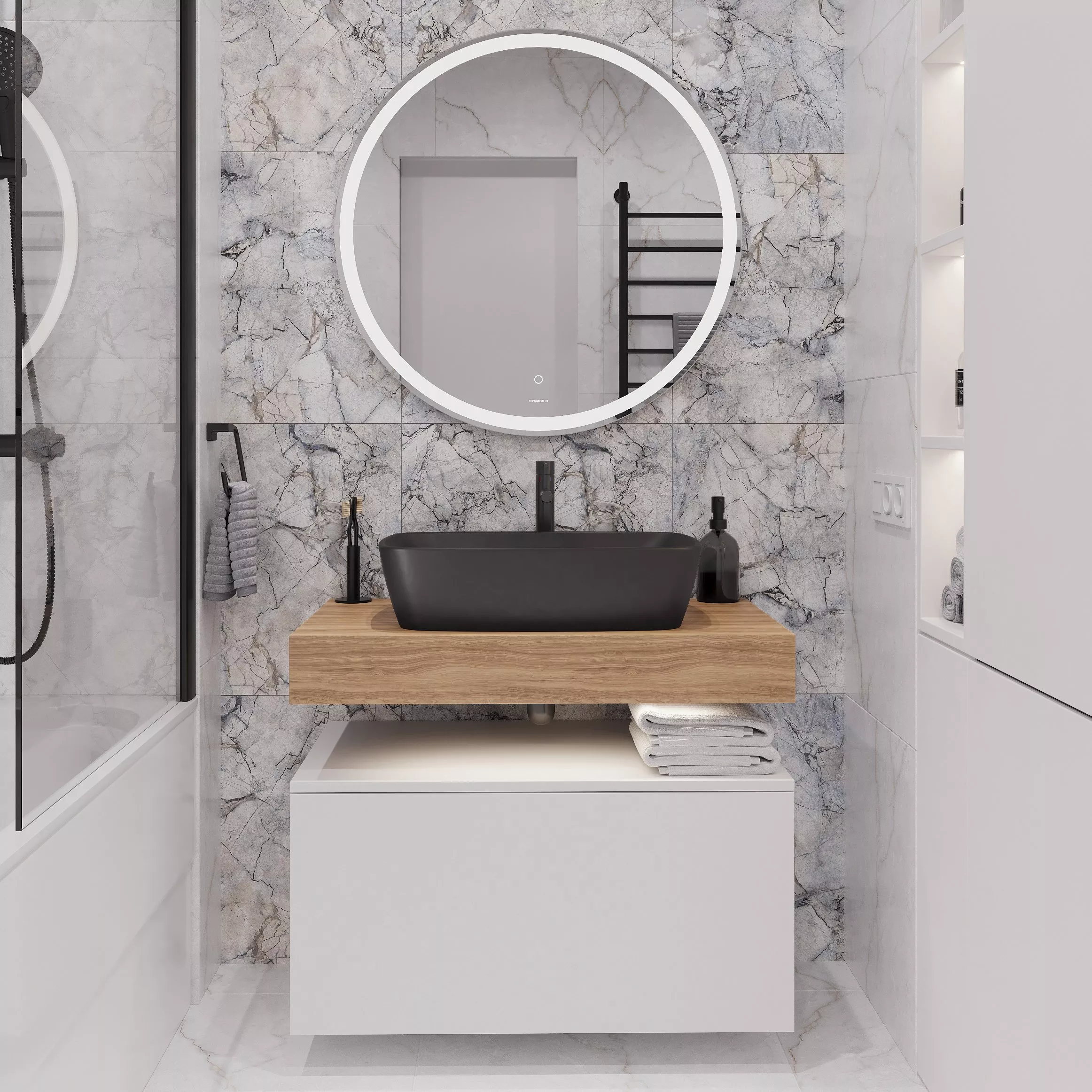 

Мебель для ванной STWORKI Ольборг 80 столешница дуб французский, без отверстий, с тумбой 80, с раковиной Vitra Shift черной