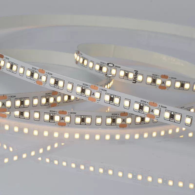

Светодиодная лента Uniel ULS-2835-168LED/m-10mm-IP20-DC24V-14W/m-5M-3000K катушка в герметичной упаковке