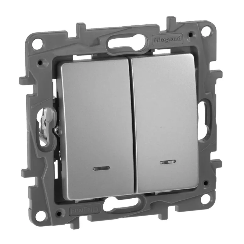 

Переключатель двухклавишный Legrand Etika с подсветкой 10A 250V алюминий 672416