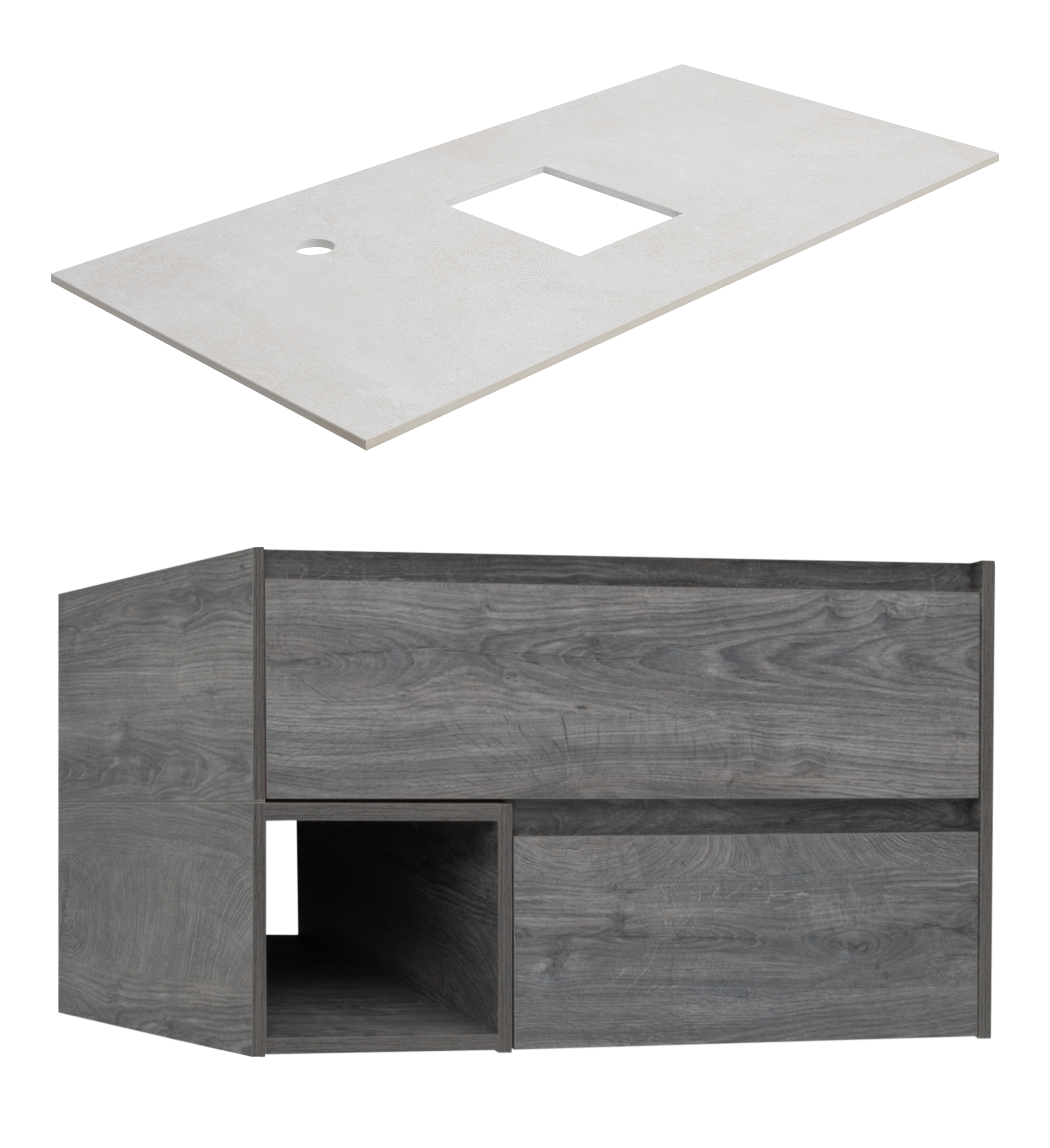 

Тумба под раковину со столешницей STWORKI Карлстад 90 дуб рошелье, простоун беж, с отверстием для смесителя