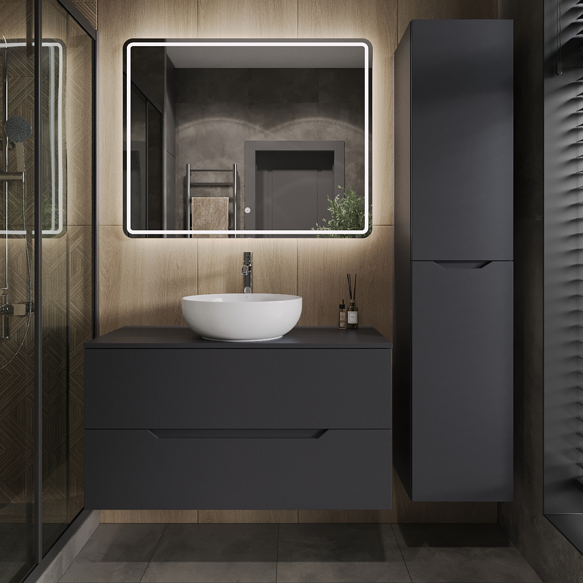 

Мебель для ванной комнаты Orange Line 100 подвесная, 2 ящика, матовый графит с раковиной B07-420W