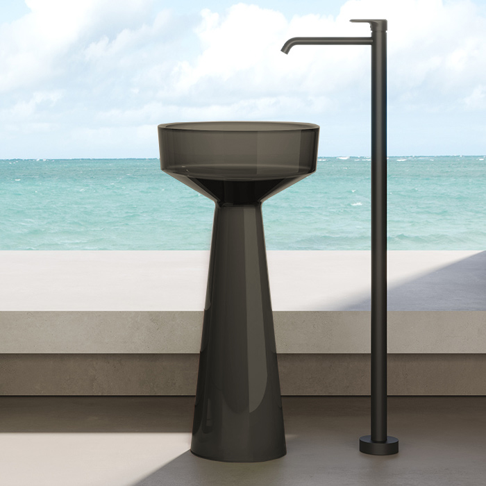 DEA DESIGN (Pedestal Basin) Раковина напольная 42,5x42,5xh85 см, из полимера Glasstech, хромированный д/клапан, цвет Smoky Black R4