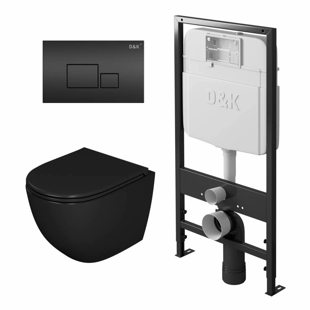 Комплект унитаза с инсталляцией D&K Matrix с сиденьем микролифт и клавишей смыва черный матовый