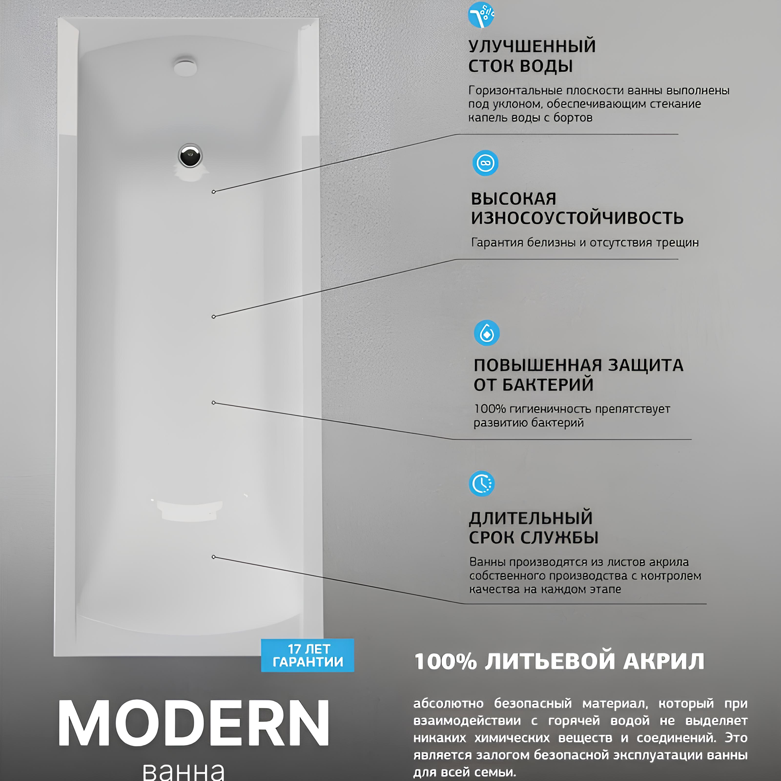 Акриловые ванны Акриловая ванна Marka One Modern 01мод1870 без опоры 180x70 см, пристенная, белая
