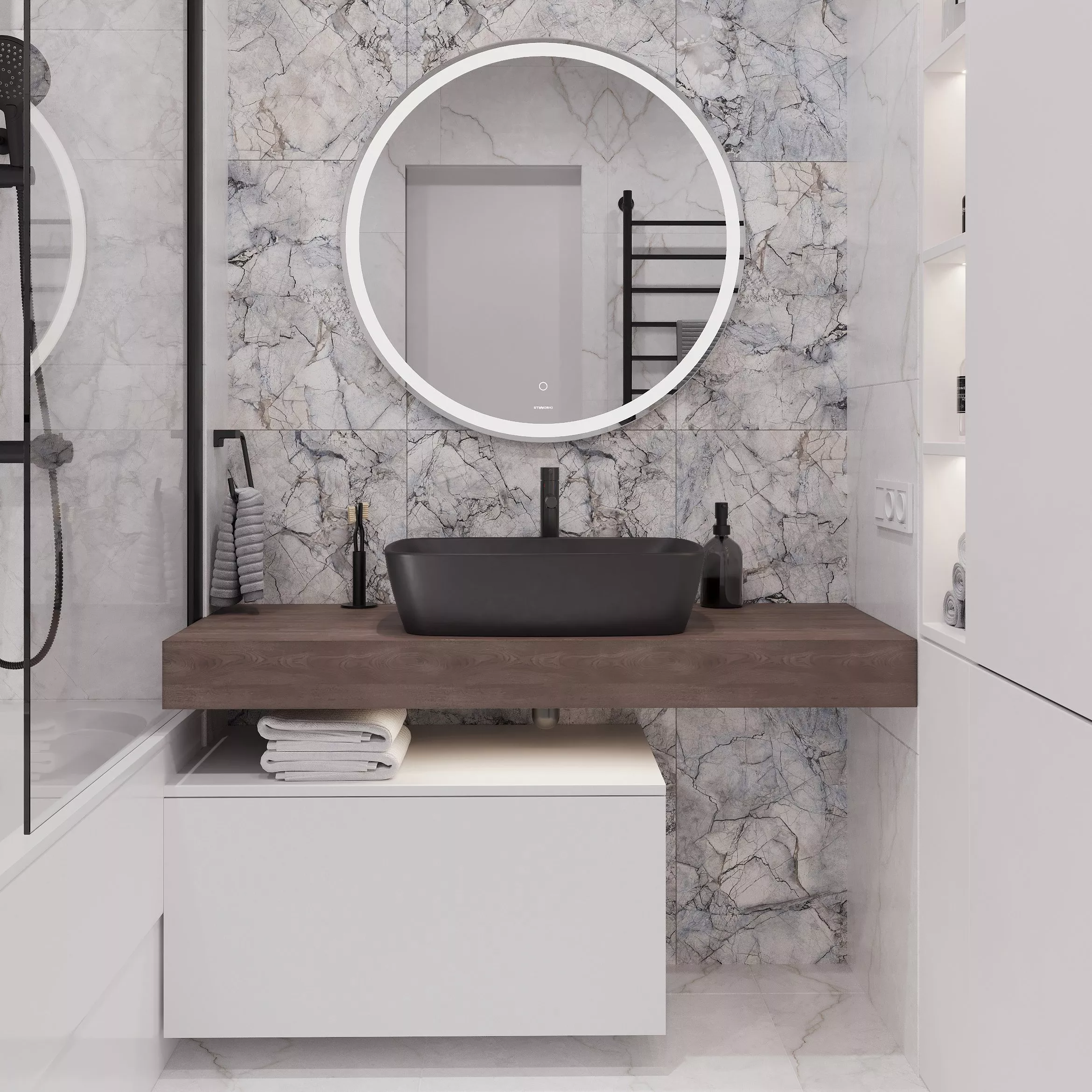 

Мебель для ванной STWORKI Ольборг 120 столешница дуб карпентер, без отверстий, с тумбой 80, с раковиной Vitra Shift черной