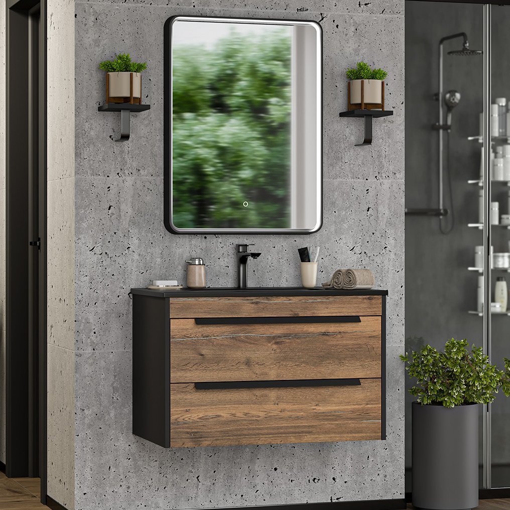 

Мебель для ванной комнаты Brevita Monsour 80 подвесная, дуб галифакс олово, черный кварц