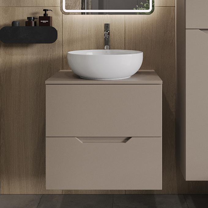 

Тумба с раковиной Orange Line 60 подвесная, 2 ящика, матовый латте с раковиной B07-420W