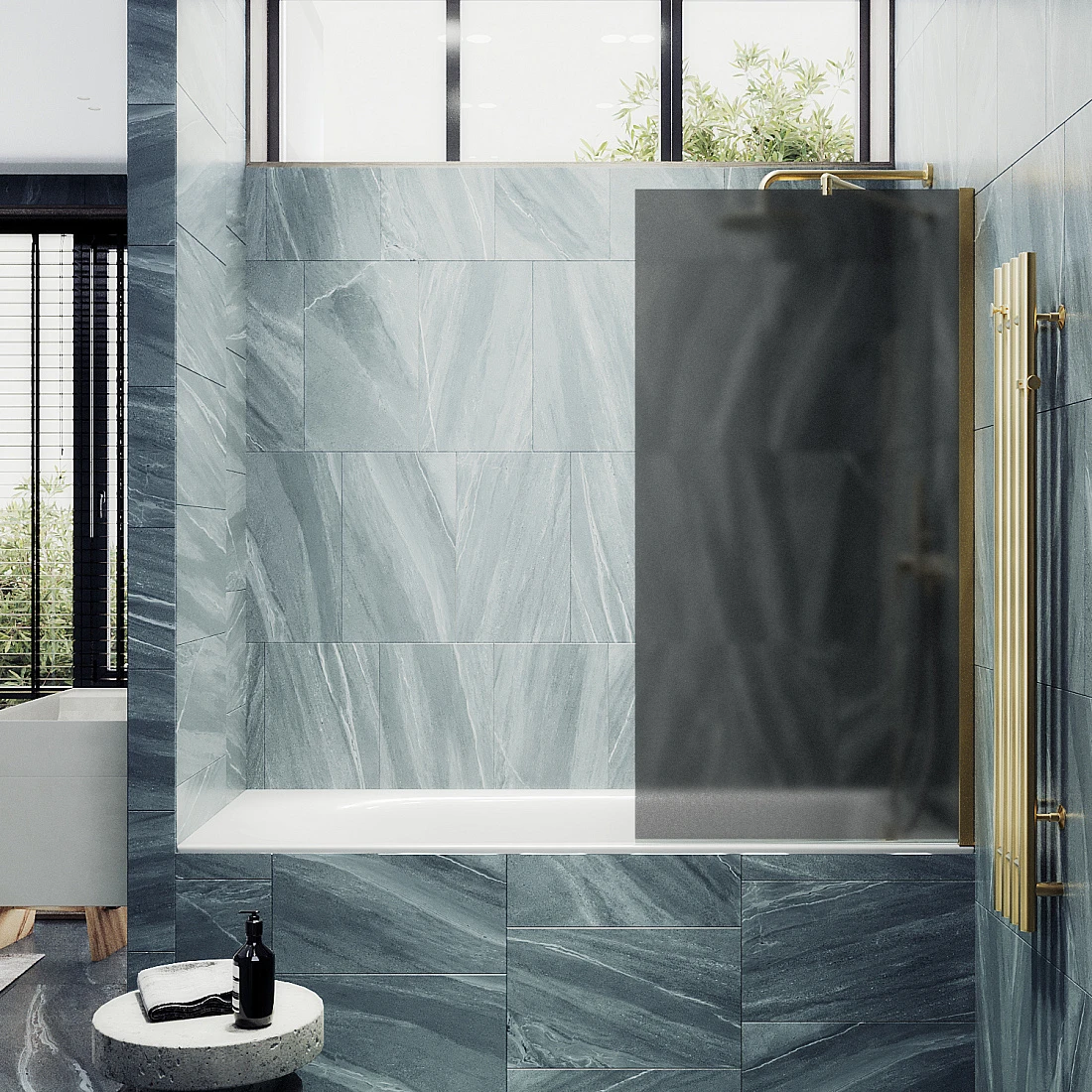 

Шторка на ванну Maybahglass 90x140 широкий профиль золото, стекло графит матовое