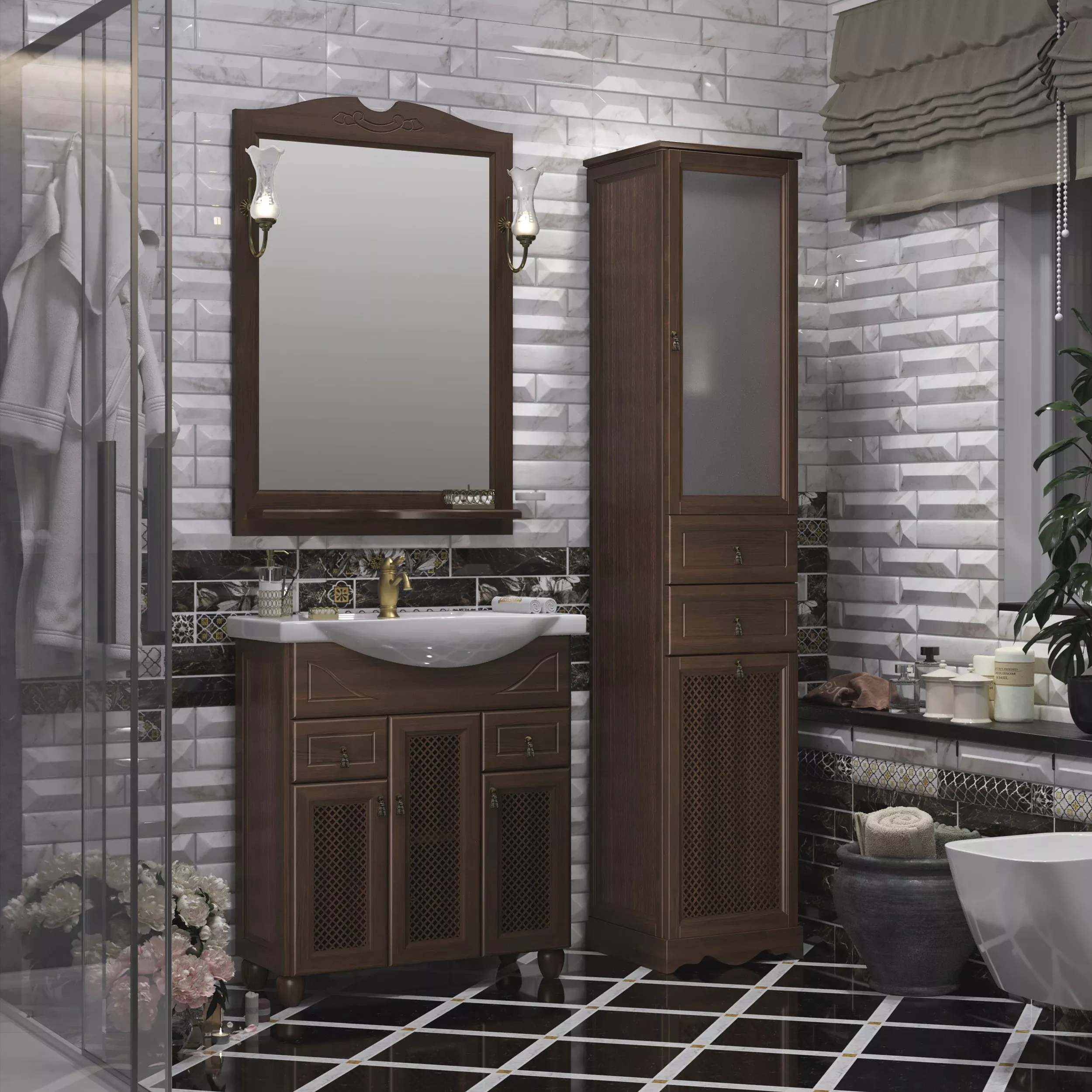 

Мебель для ванной Opadiris Тибет 75 с декоративной решеткой, нагал, Темное дерево