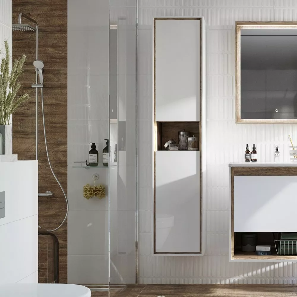 

Шкаф пенал для ванной STWORKI Ольтен 32, белый, дуб сонома