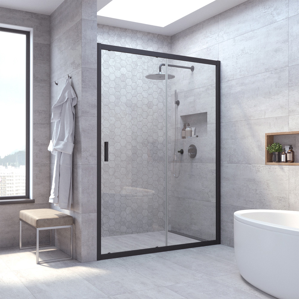 

Душевая дверь в нишу Vegas Glass ZP Novo h2000 155 02М 01 155 см, профиль матовый черный, стекло прозрачное