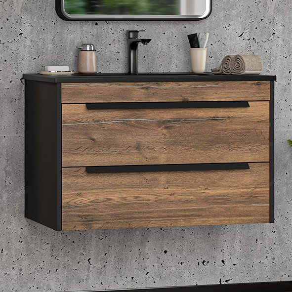 

Тумба с раковиной Brevita Monsour 80 подвесная, дуб галифакс олово, черный кварц