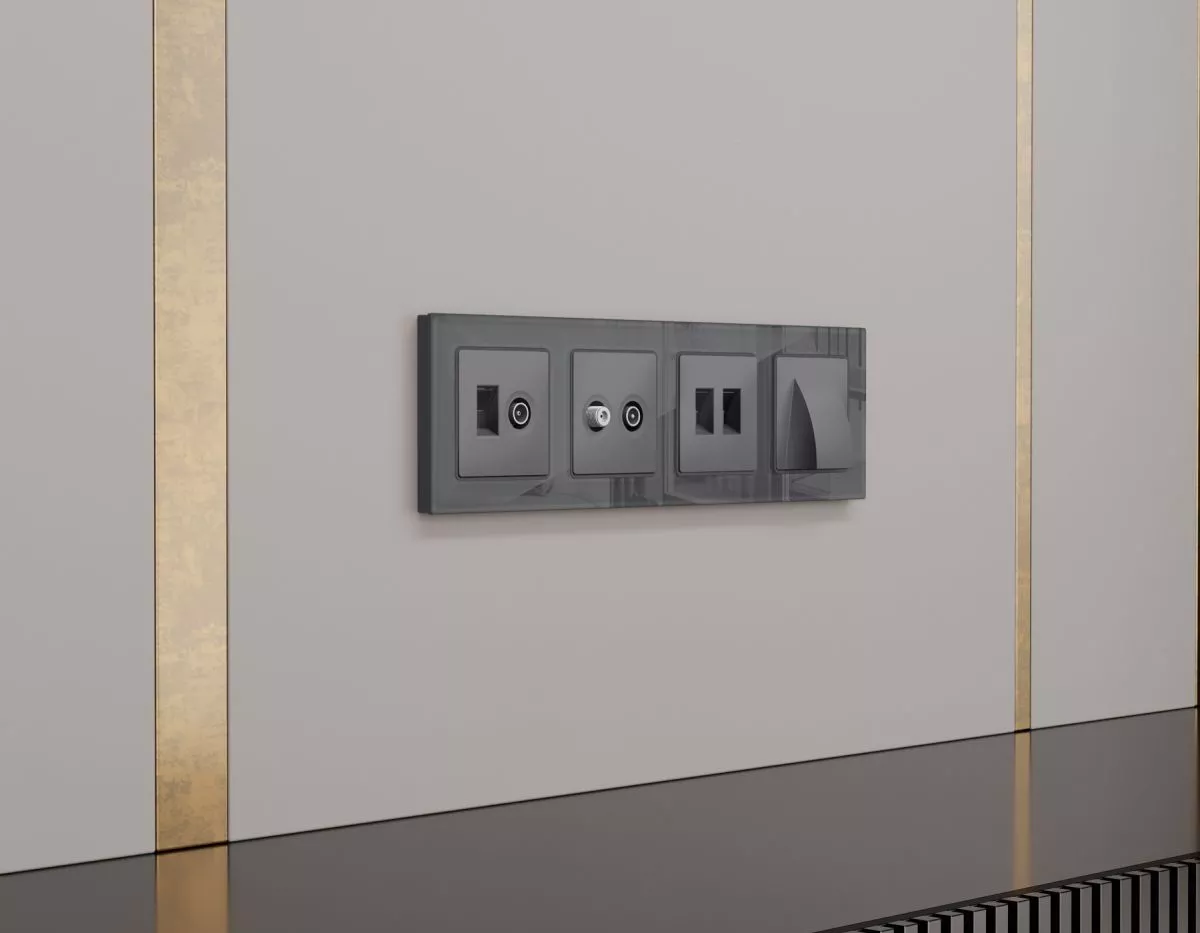 

Комплект механизма розетки компьютерной + TV оконечной RJ-45 с автоматической защитной шторкой Alfa Антрацит серый Ambrella Volt MA662510 (AP6625, VM195)