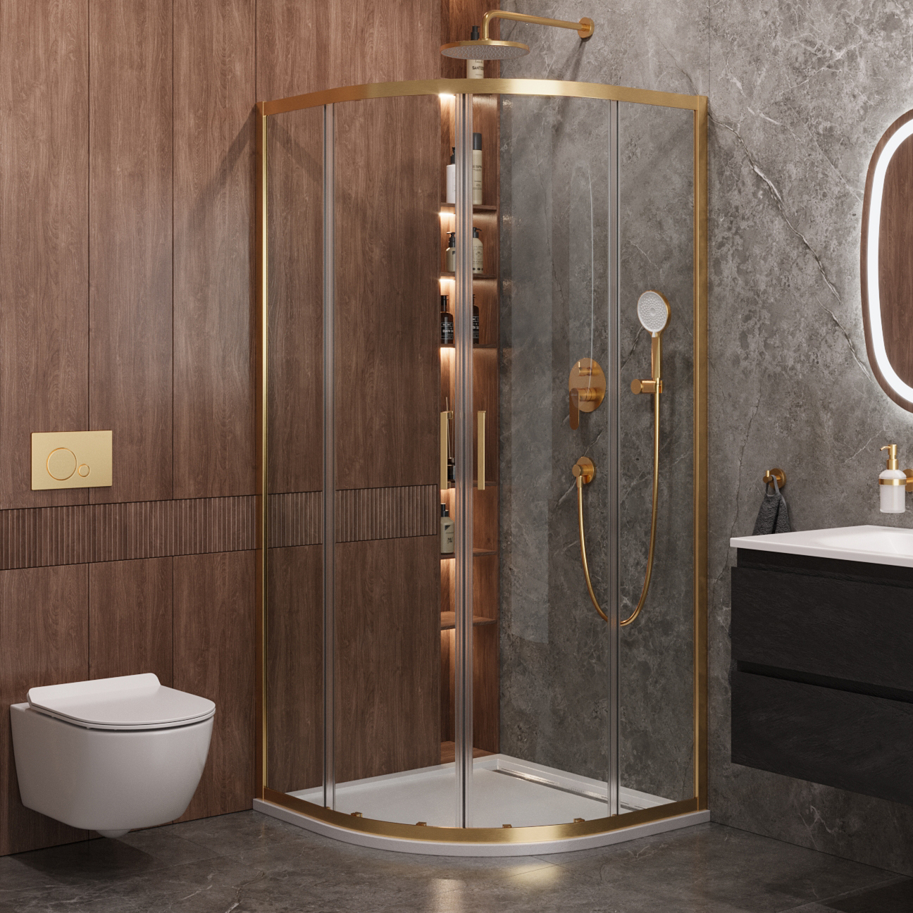 

Душевой уголок Cezares Molveno R 2 100 C BORO IV 100х100 см, профиль брашированное золото, стекло прозрачное