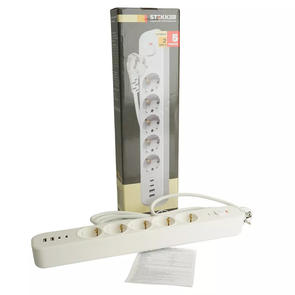 

Сетевой фильтр 5-местный с/з STEKKER 3x1мм2, 3 м, 250В, 16А, 2 USB-A+2 Type-C 3, серия Nova, белый