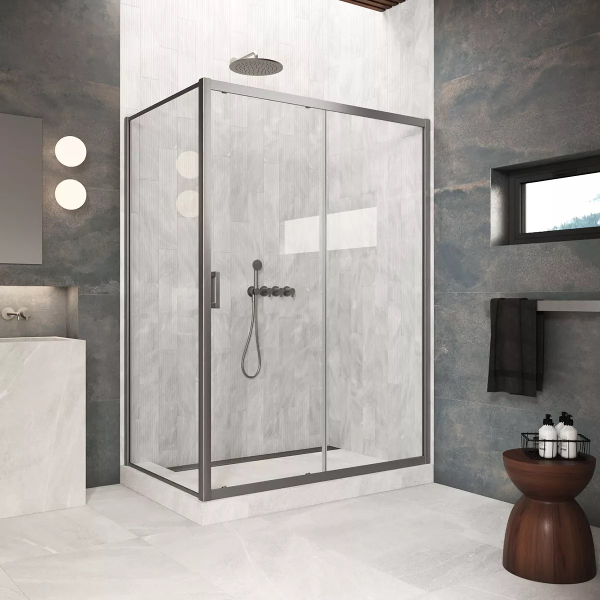 Душевой уголок Vegas Glass ZP+ZPV Protec 115*90 11 01 профиль оружейная сталь, стекло прозрачное