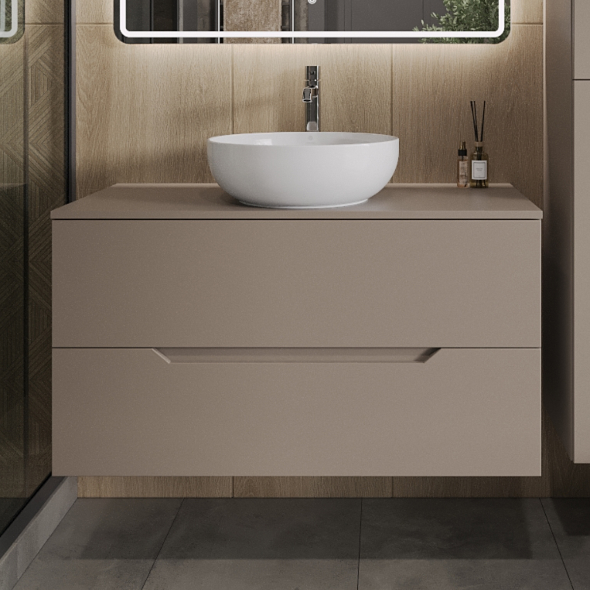 

Тумба с раковиной Orange Line 100 подвесная, 2 ящика, матовый латте с раковиной B07-420W