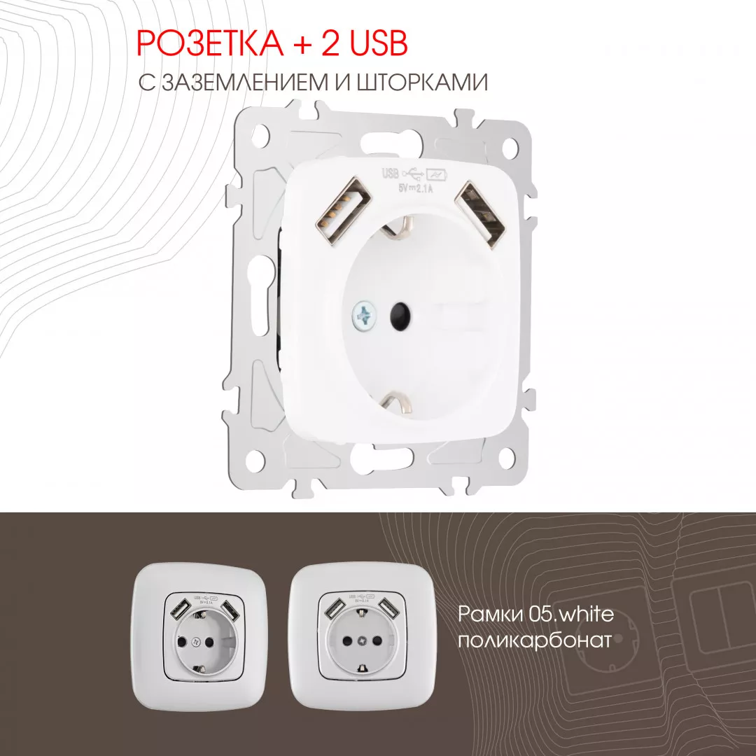 

Розетка с заземлением, шторками + 2 USB Arte Milano 205.47-1.white