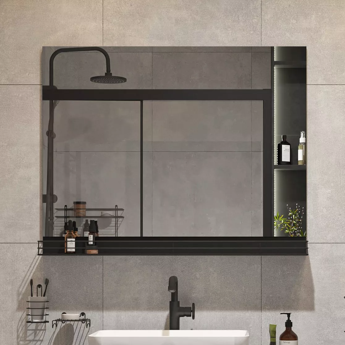 Зеркало STWORKI Нюборг 100 с полкой, черное, прямоугольное, большое, в стиле лофт С14215 - фото 1