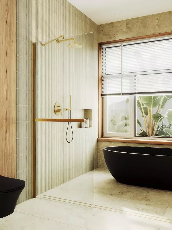 

Душевая перегородка в широком профиле MaybahGlass 195х79 профиль золотой, стекло прозрачное с полотенцедержателем