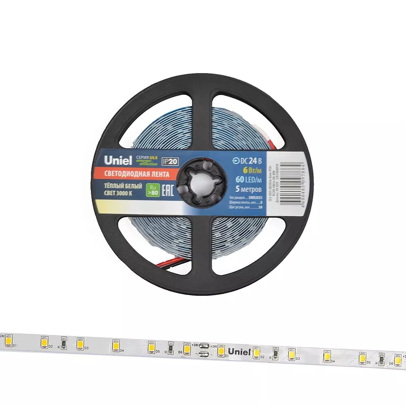 

Светодиодная лента Uniel ULS-2835-60LED/m-8mm-IP20-DC24V-6W/m-5M-WW катушка в герметичной упаковке
