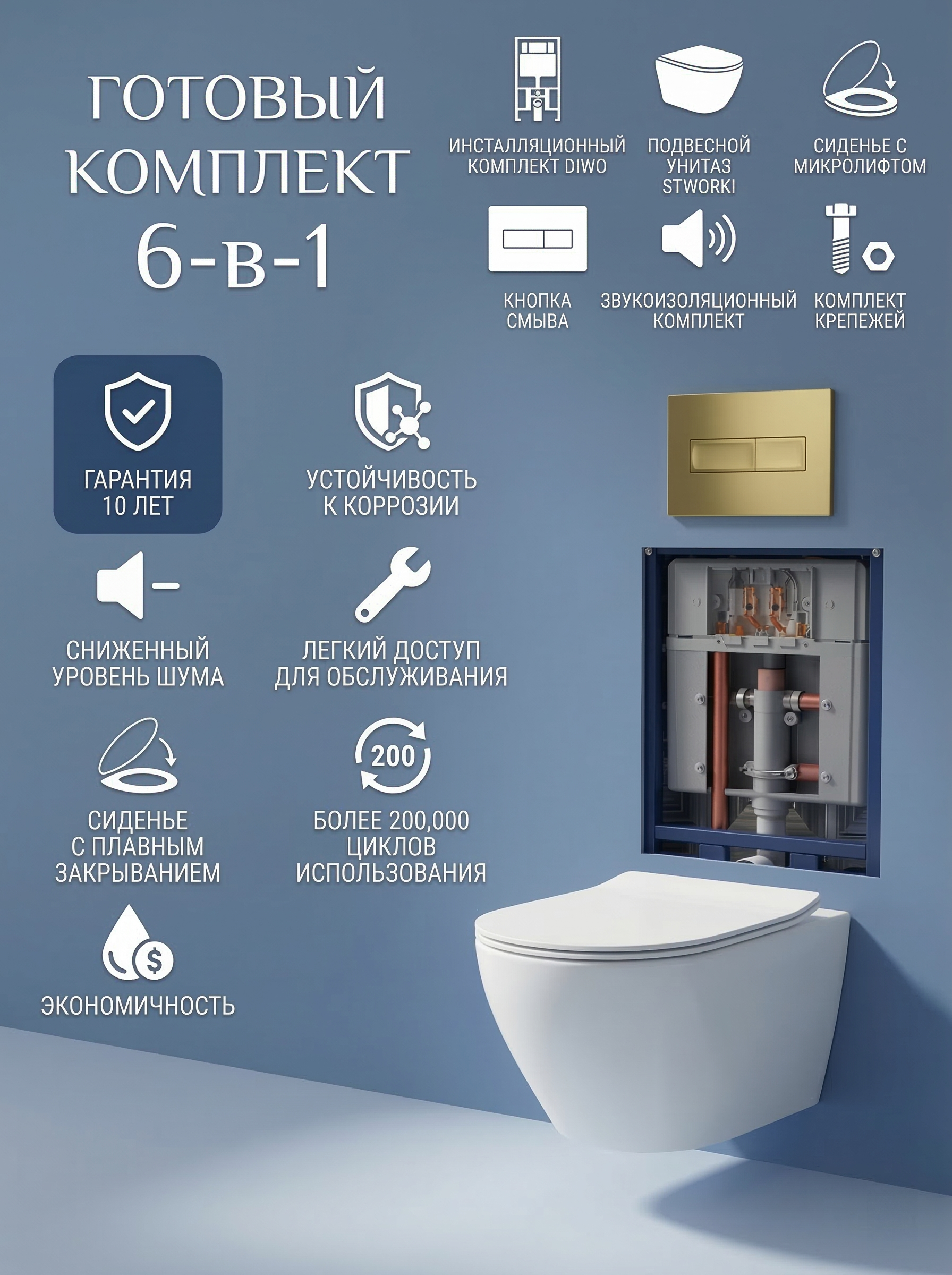 

Комплект 6 в 1: Инсталляция DIWO 4501 + Унитаз подвесной Кронборг S28401WH безободковый + Сиденье с микролифтом + Кнопка 7325 золотая + Комплект шумоизоляции, креплений