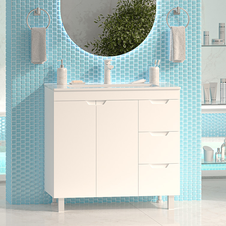 

Тумба под раковину без столешницы Misty Оптима 90 напольная, белая, 3 ящика, 2 дверцы