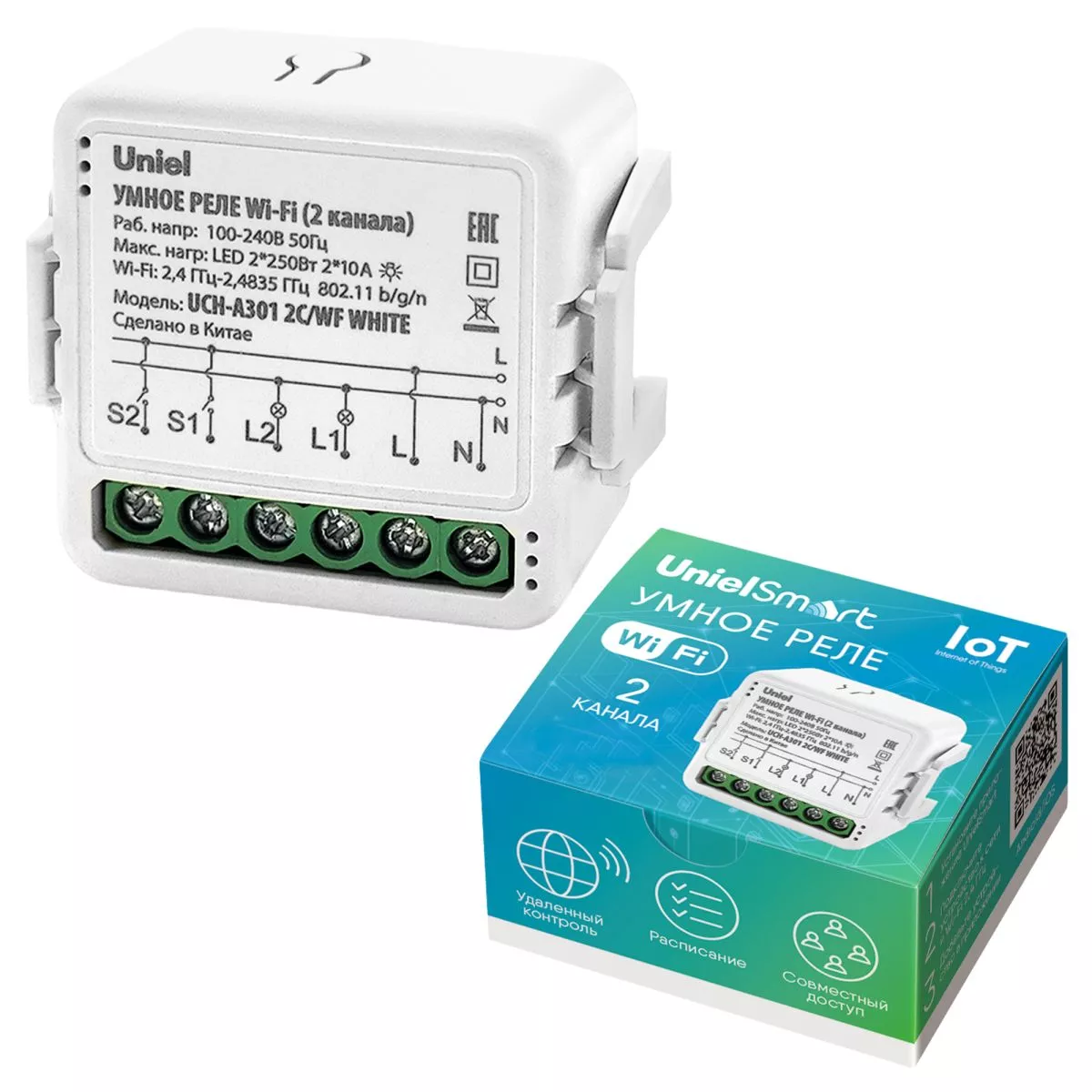 

Умное реле Wi-Fi Uniel UL-00011709 2 канала. 100-240В. 2x10А 2x250Вт UCH-A301 2C/WF WHITE