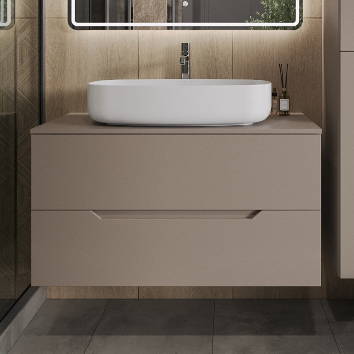 

Тумба с раковиной Orange Line 100 подвесная, 2 ящика, матовый латте с раковиной B07-675W