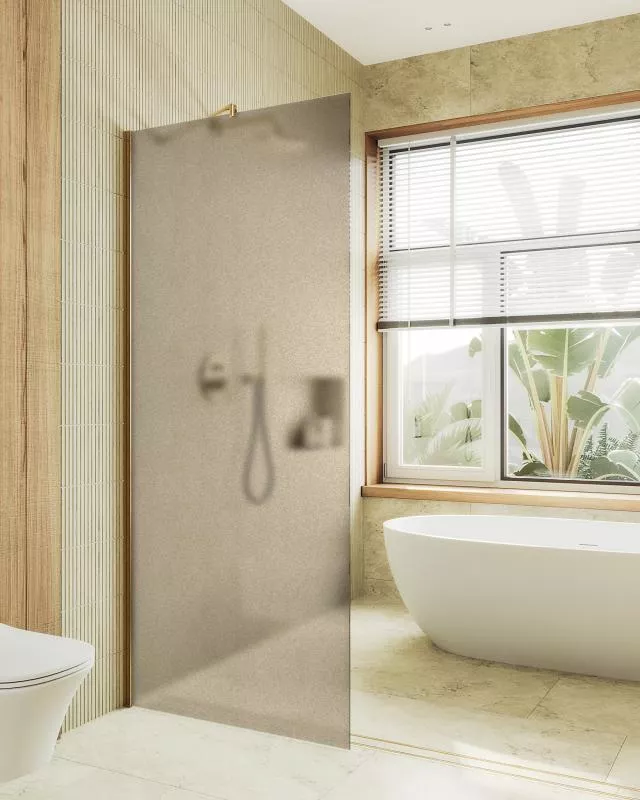 

Душевая перегородка Maybahglass MGD-697-3ш 79 см, профиль золото, стекло бронза матовое