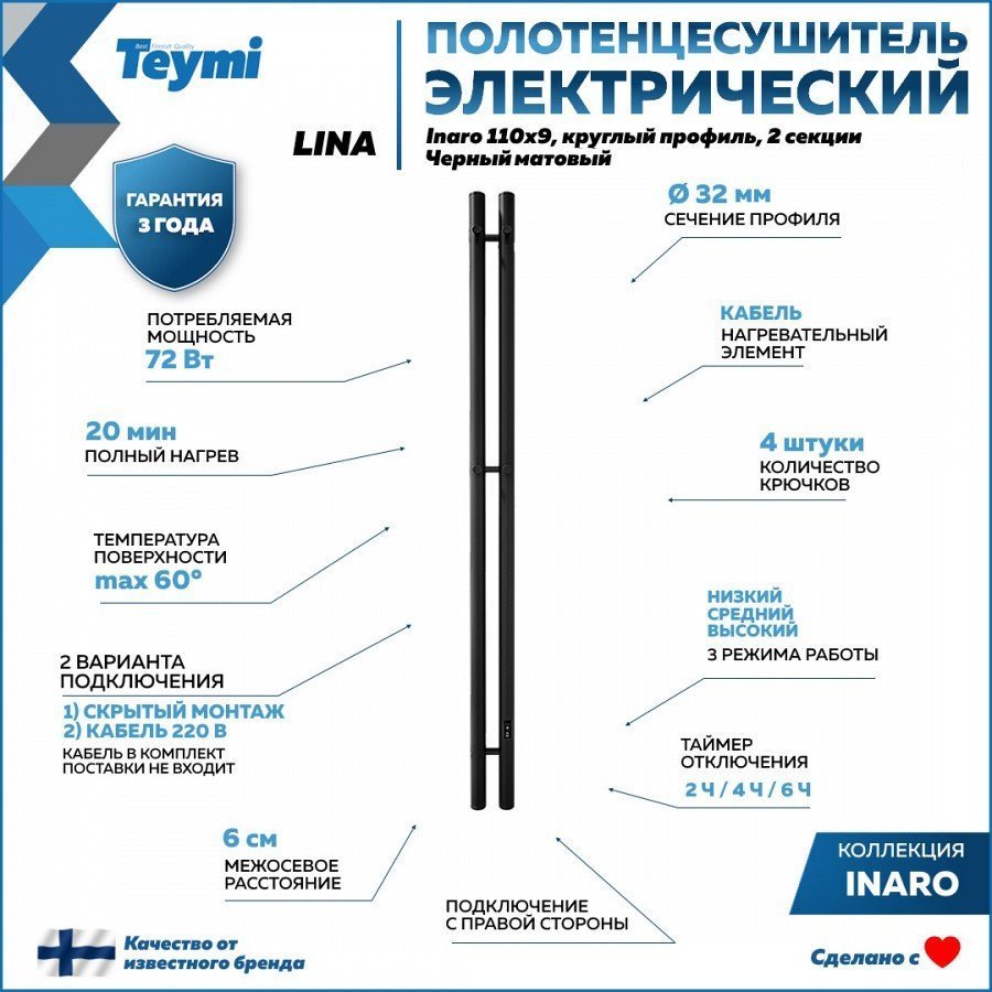 Полотенцесушитель электрический Teymi Lina Inaro 110х9, черный матовый