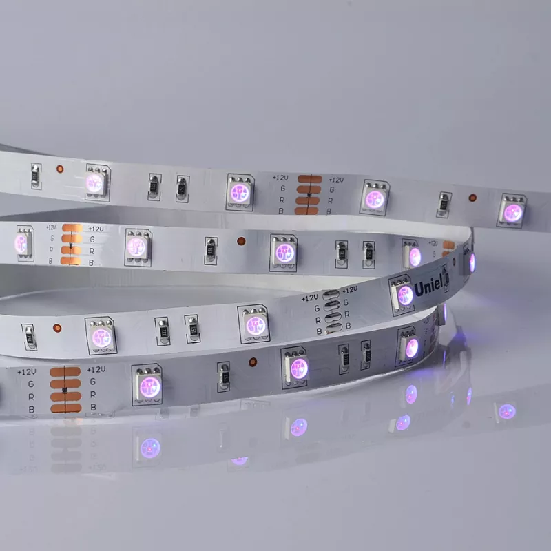 

Светодиодная лента Uniel ULS-M22-5050-30LED/m-10mm-IP20-DC12V-7,2W/m-5M-RGB PROFI катушка в герметичной упаковке