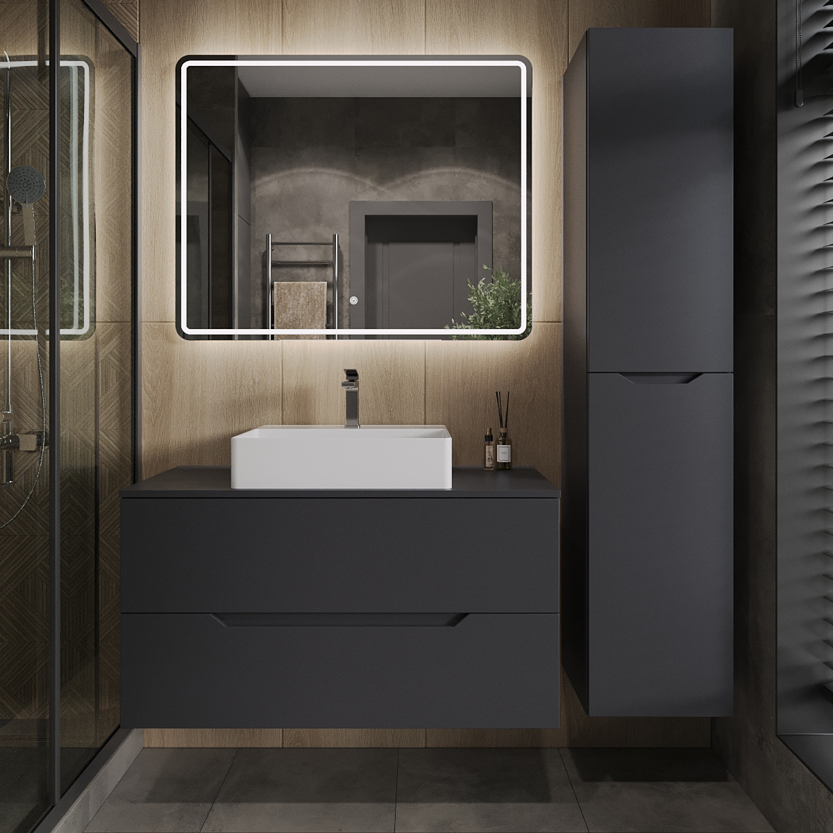 

Мебель для ванной комнаты Orange Line 100 подвесная, 2 ящика, матовый графит с раковиной B04-500W