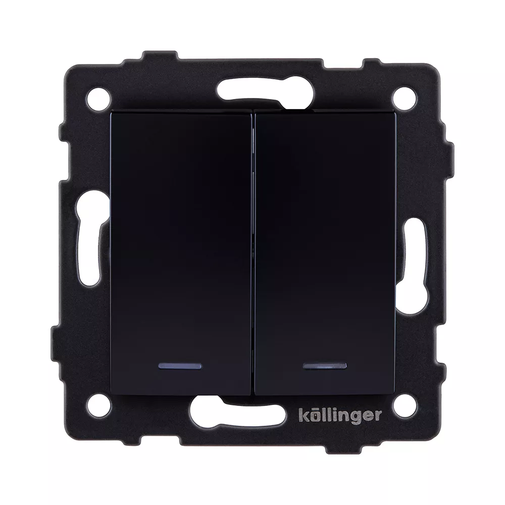 Выключатель кнопочный 2-клавишный 10А/250В с LED подсветкой, изогнутый, черный Kollinger REA-R-014BK для Aspekt, Eleganz, Reflex