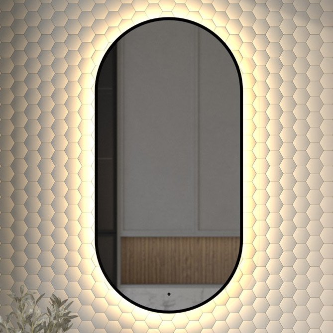 

Зеркало Defesto Aura DF 2934R 50x100, с теплой подсветкой, инфракрасный выключатель, черное