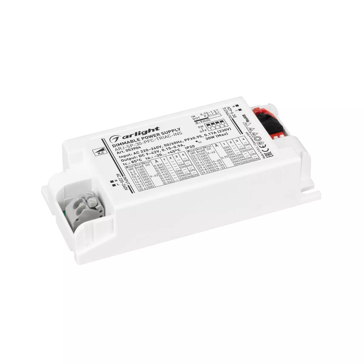 

Блок питания Arlight ARJ-SP-30-PFC-TRIAC-INS (30W, 9-42V, 0.15-0.9A) (IP20 Пластик) 053904