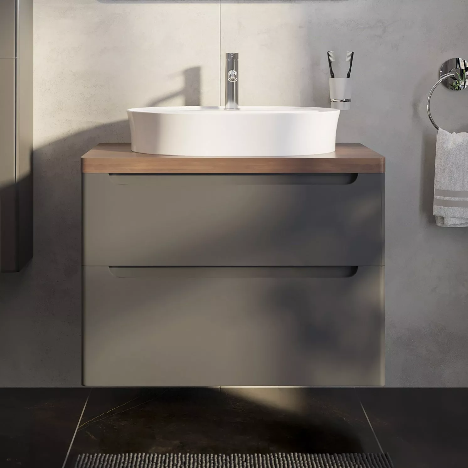 

Тумба с раковиной STWORKI Берген 80 серая с темной столешницей, Bocchi Slim Line 1600-001-0126