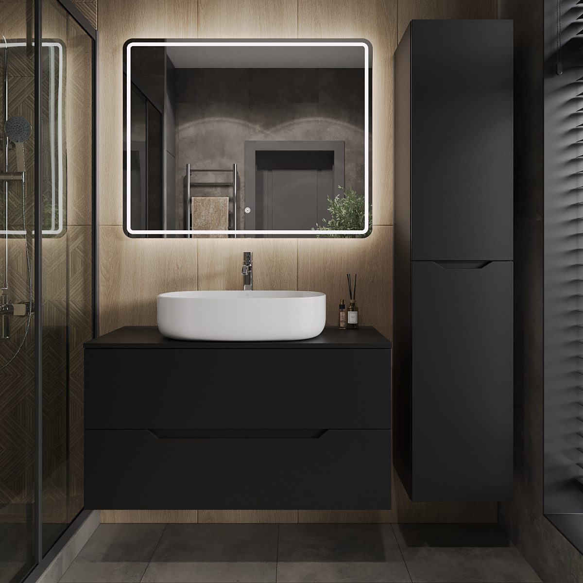 

Мебель для ванной комнаты Orange Line 100 подвесная, 2 ящика, матовая черная с раковиной B08-600W