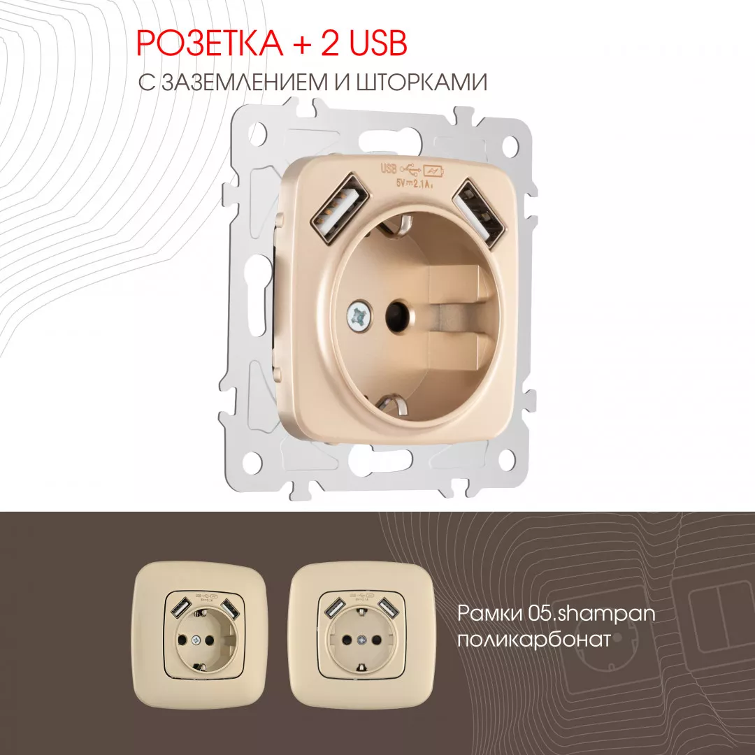 

Розетка с заземлением, шторками + 2 USB Arte Milano 205.47-1.shampan