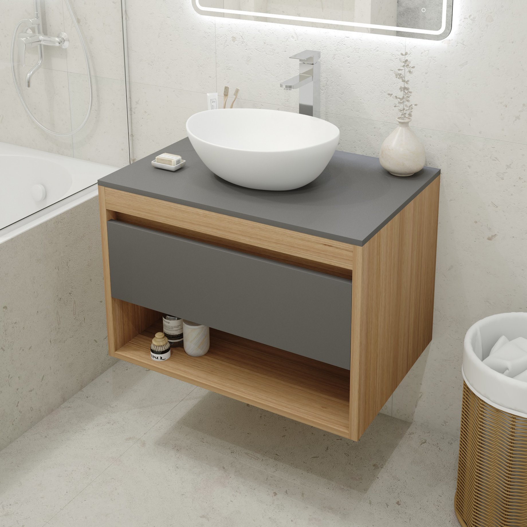 

Тумба с раковиной Teymi Ritta 75 дуб эврика, матовый графит, раковина Lori 40