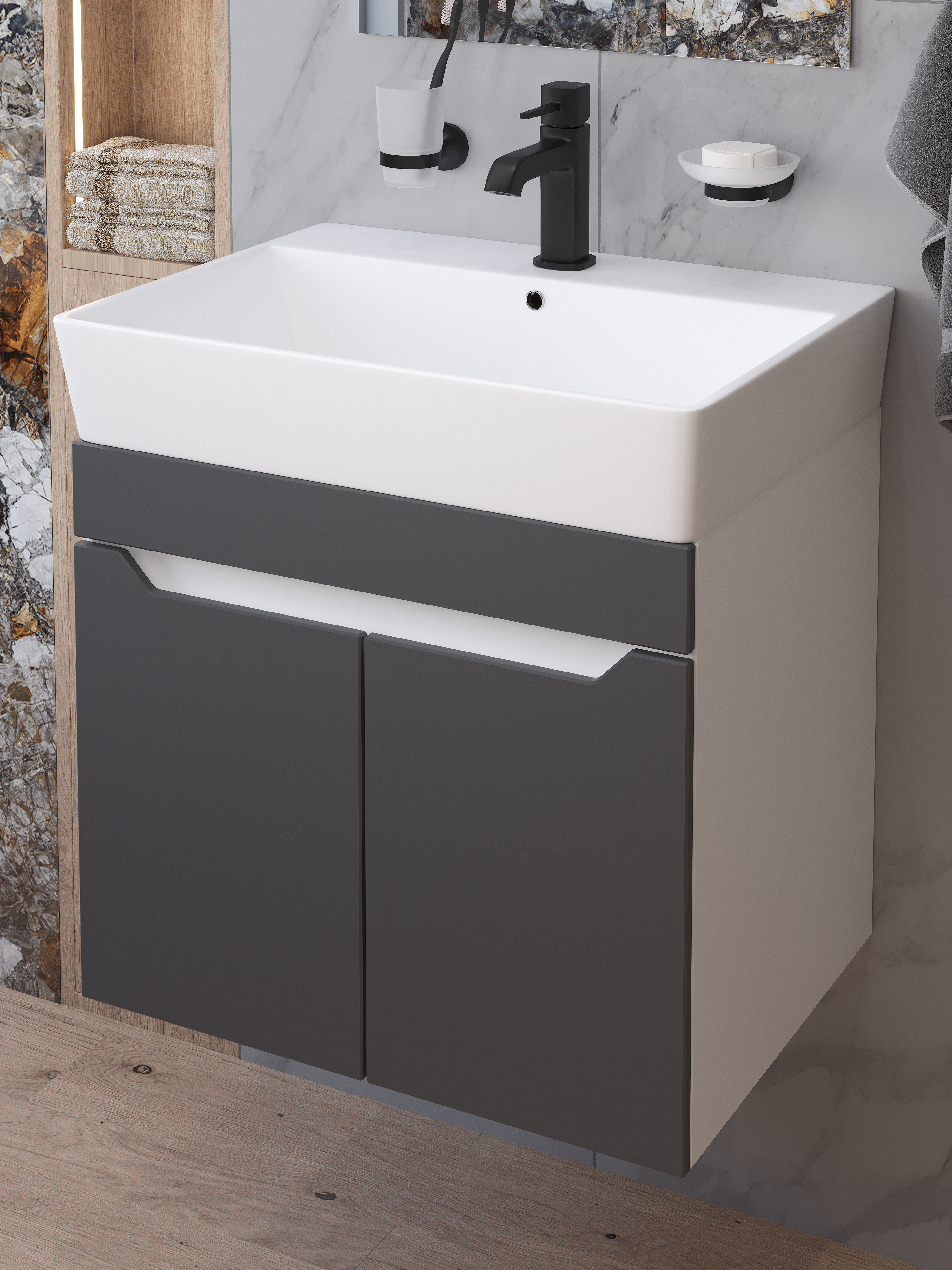 

Тумба под раковину без столешницы DIWO Архангельск 60 подвесная, белая, антрацит