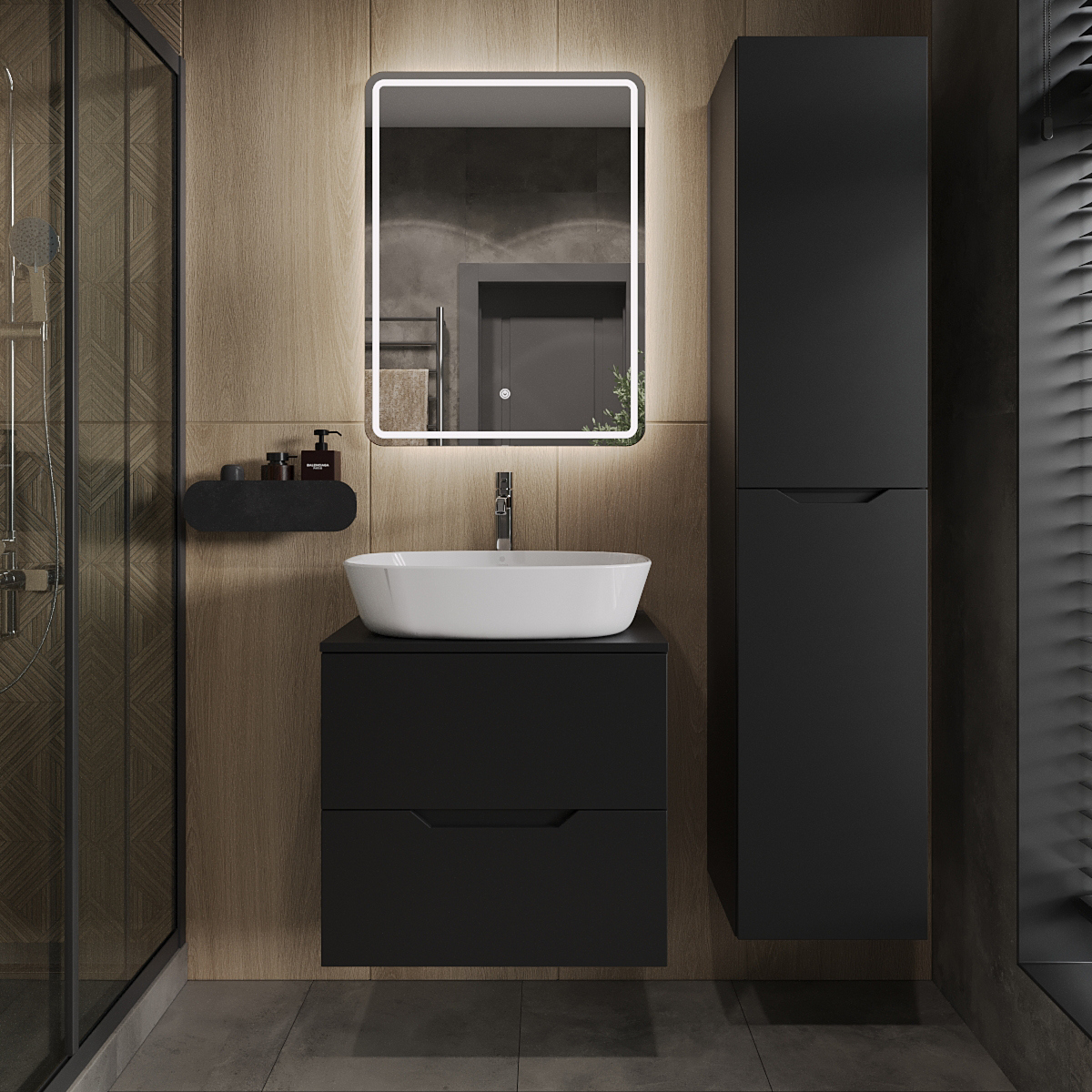 

Мебель для ванной комнаты Orange Line 60 подвесная, 2 ящика, матовая черная с раковиной B08-500W