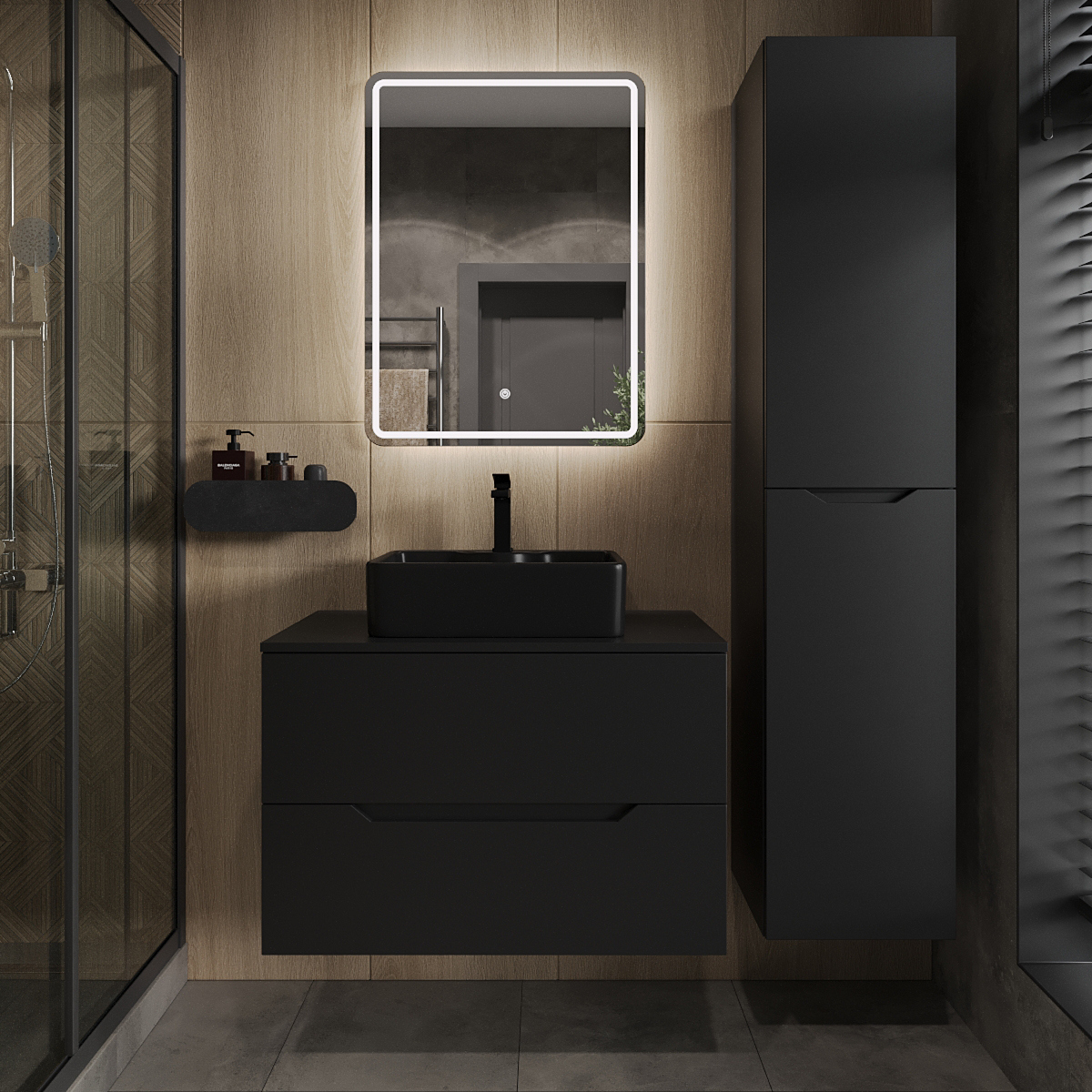 

Мебель для ванной комнаты Orange Line 80 подвесная, 2 ящика, матовая черная с раковиной B01-475mb