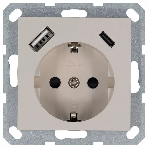 

Розетка SHUKO с USB A+C с защитными шторками 16A 250V 2P+T USB 25W, цвет Тауп Jasmart G5501USB-25T